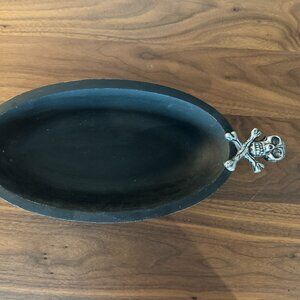 Black Wood & Metal Oval Bowl with Skull and Crossbones Handles